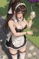 A woman in a maid outfit holding a cup of coffee.